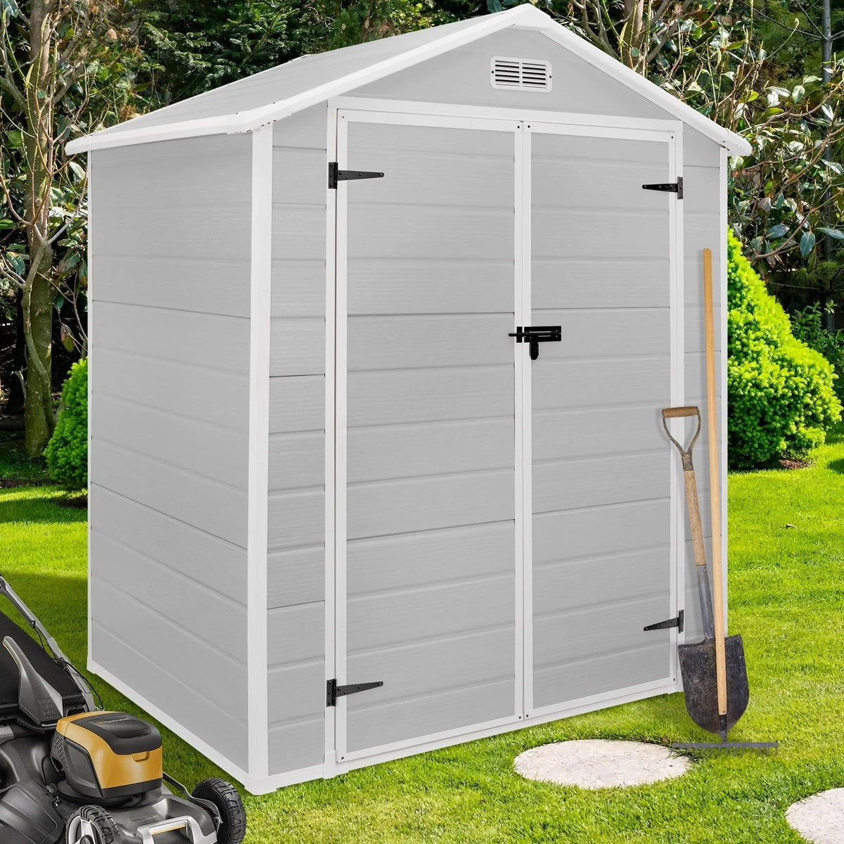 Casetta da giardino in resina per esterni, in plastica, per tutte le stagioni, con pavimento, 6 x 4 piedi/6 x 8 piedi/8 x 6 piedi/8 x 10 piedi, Spire Tool Shed