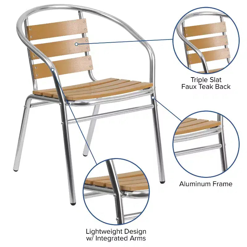 Flash Furniture Sedia impilabile da ristorante per interni-esterni in alluminio commerciale con schienale a tre listelli in finto teak