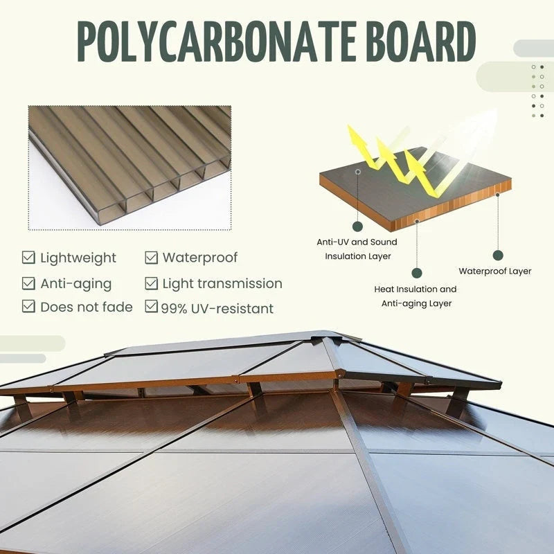 EROMMY Gazebo a tetto rigido, Pergola da esterno con doppio tetto, zanzariere e tende, Tenda da sole resistente per patio, cortile, feste in piscina