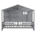 Letto a capanna per bambini con scaffali e sponde, Struttura letto in legno stile Montessori per bambini con finestra e striscia luminosa scintillante
