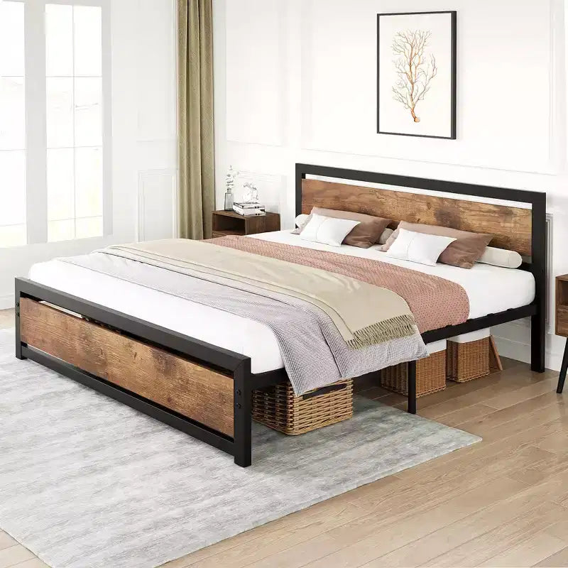 Struttura Letto Matrimoniale Robusta con Testiera e Pediera, Piattaforma in Metallo con Spazio Contenitivo di 35 cm, Senza Rumore e Assemblaggio Senza Attrezzi, Marrone Vintage