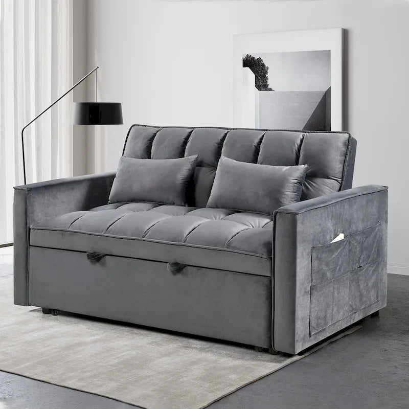 Divanetto futon moderno in velluto con schienale reclinabile e tasche, 2 posti – Grigio scuro / Grigio chiaro / Blu / Nero