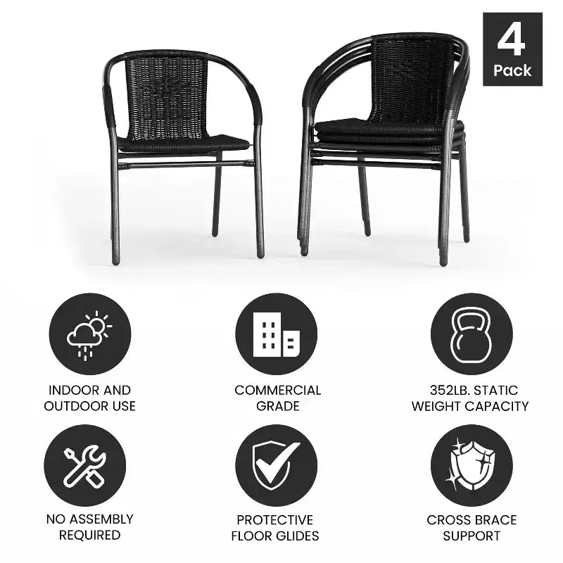 Sedia impilabile da ristorante Emma and Oliver 4 Pack in Rattan per interni ed esterni con schienale curvo