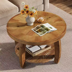 Lantine Tavolino rotondo in legno massello, tavolino a 2 ripiani con portaoggetti, piano da 80 cm con motivo a mosaico, facile da montare, per soggiorno, marrone