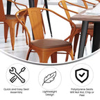 Flash Furniture Luna, sedia impilabile da interno ed esterno in metallo di livello commerciale con braccioli, seduta in polistirene per tutte le stagioni e schienale con stecche verticali