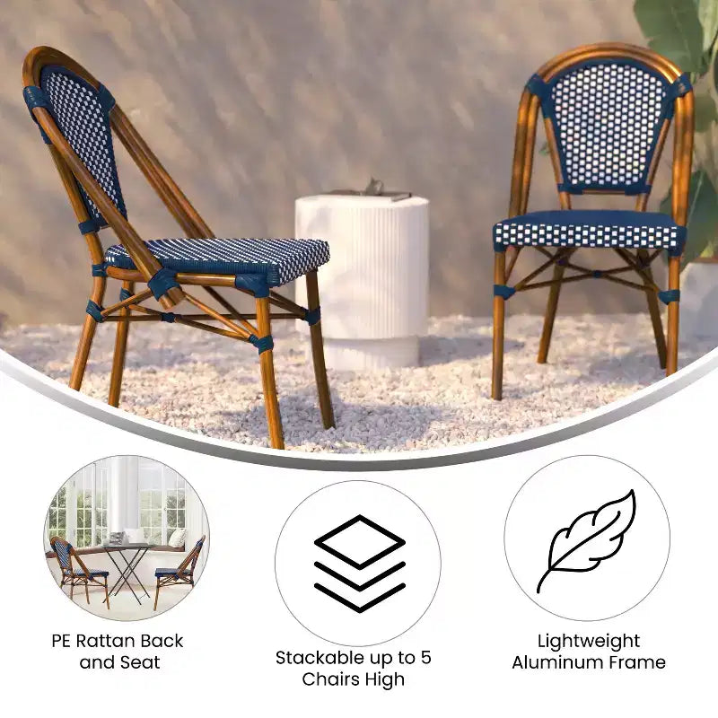 Flash Furniture Bordeaux Sedia impilabile da bistrò commerciale per interni/esterni, schienale e seduta in rattan PE, struttura in alluminio con stampa bambù