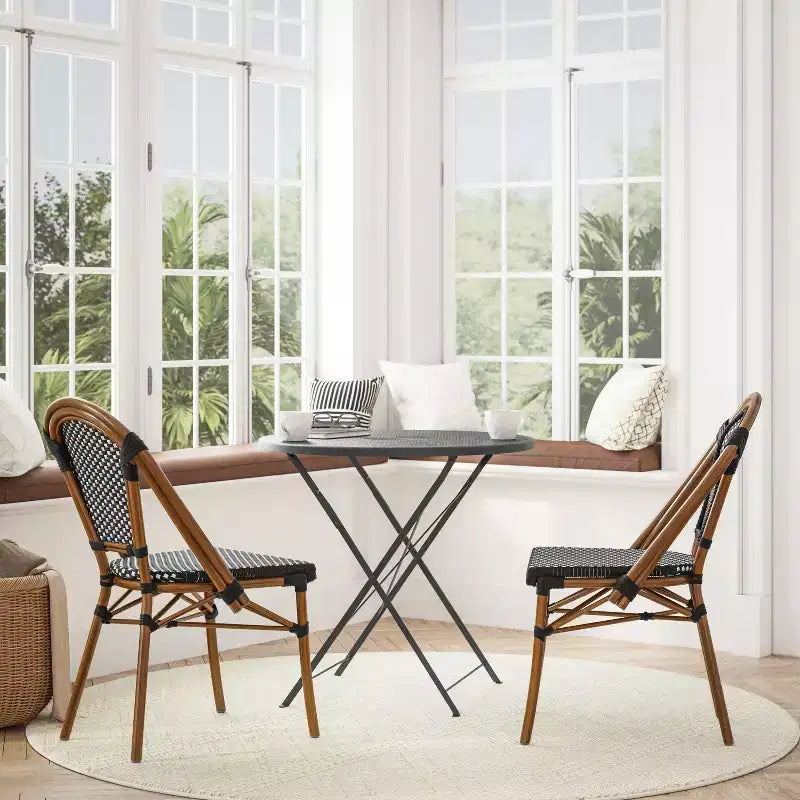Flash Furniture Bordeaux Sedia impilabile da bistrò commerciale per interni/esterni, schienale e seduta in rattan PE, struttura in alluminio con stampa bambù