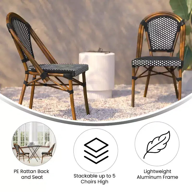 Flash Furniture Bordeaux Sedia impilabile da bistrò commerciale per interni/esterni, schienale e seduta in rattan PE, struttura in alluminio con stampa bambù