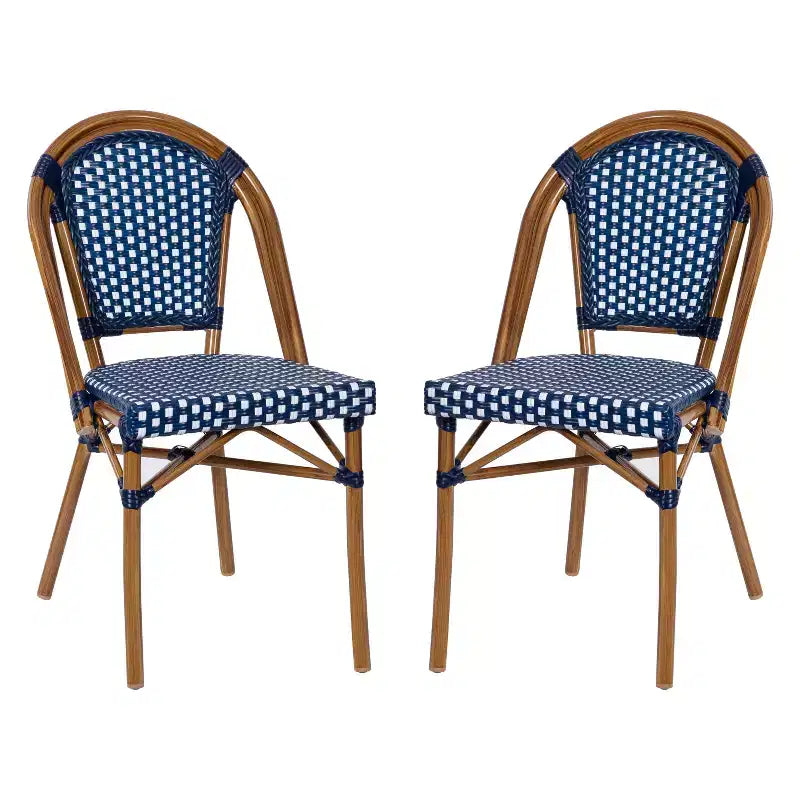 Flash Furniture Bordeaux Set of 2 Indoor/Outdoor Commercial Bistro Stacking Chairs, PE Rattan Back and Seat, Bamboo Print Aluminum Frame