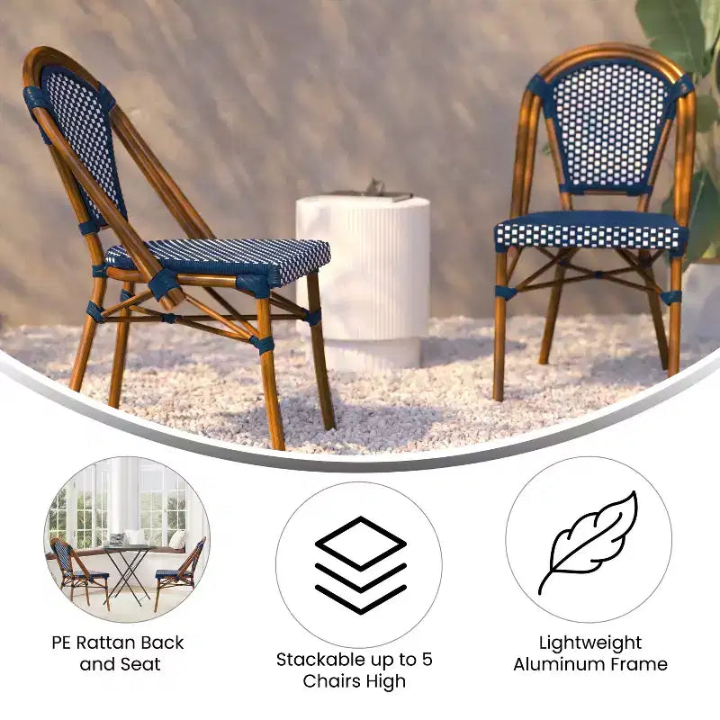 Flash Furniture Bordeaux, Set di 2 Sedie Impilabili da Bistrò Commerciale per Interni/Esterni, Schienale e Seduta in Rattan PE, Struttura in Alluminio con Stampa Effetto Bambù