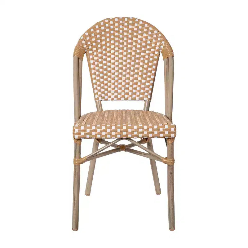 Flash Furniture Lourdes - Chaise bistrot empilable commerciale pour l'intérieur/extérieur, dossier et assise en rotin PE, cadre en aluminium imprimé bambou