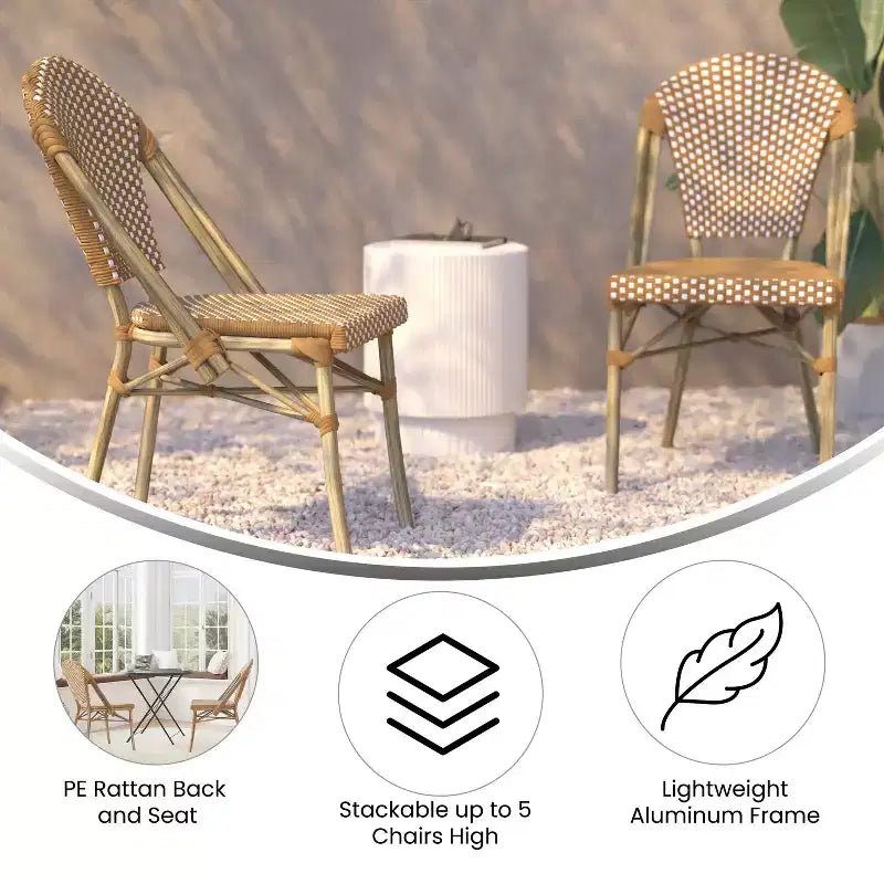 Flash Furniture Lourdes - Chaise bistrot empilable commerciale pour l'intérieur/extérieur, dossier et assise en rotin PE, cadre en aluminium imprimé bambou