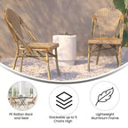 Flash Furniture Lourdes - Chaise bistrot empilable commerciale pour l'intérieur/extérieur, dossier et assise en rotin PE, cadre en aluminium imprimé bambou