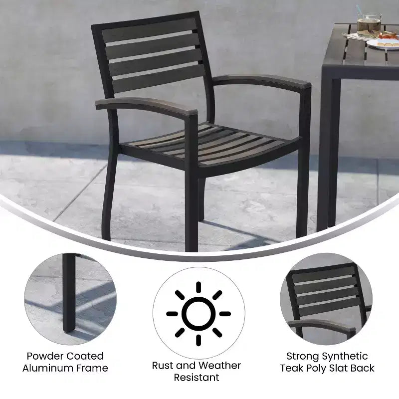 Flash Furniture Confezione da 2 Sedie Impilabili da Patio in Alluminio Nero per Tutte le Stagioni - Lamelle in Finto Teak Grigio Lavato