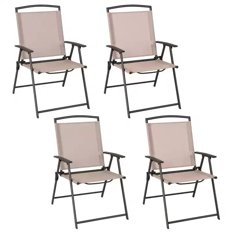 Costway 4 pcs Patio Folding Sling Dining Chairs Armrests Steel Frame Outdoor Beige/Grey