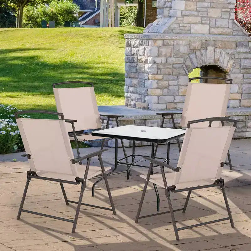 Costway Sedie da Pranzo Pieghevoli da Esterno 4 Pezzi con Braccioli in Tessuto Sling e Telaio in Acciaio, Beige/Grigio