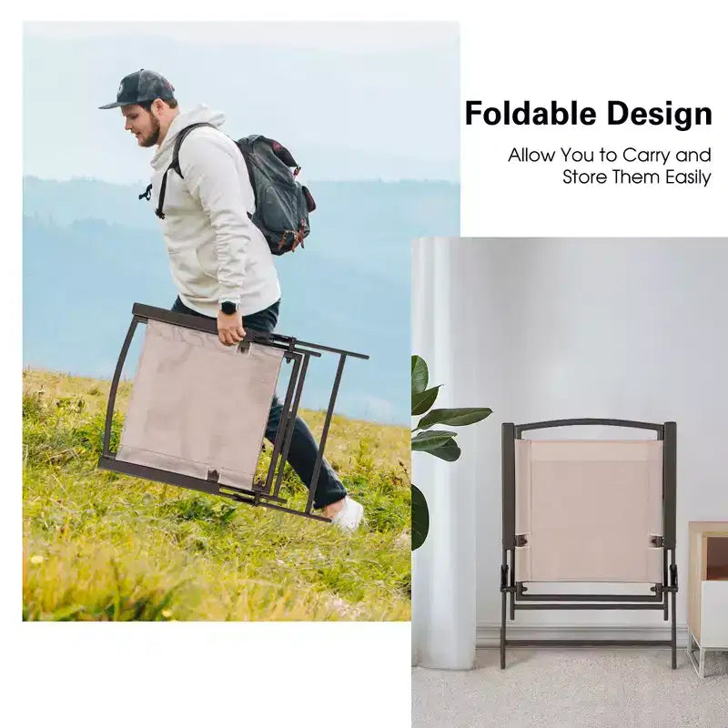 Costway Sedie da Pranzo Pieghevoli da Esterno 4 Pezzi con Braccioli in Tessuto Sling e Telaio in Acciaio, Beige/Grigio