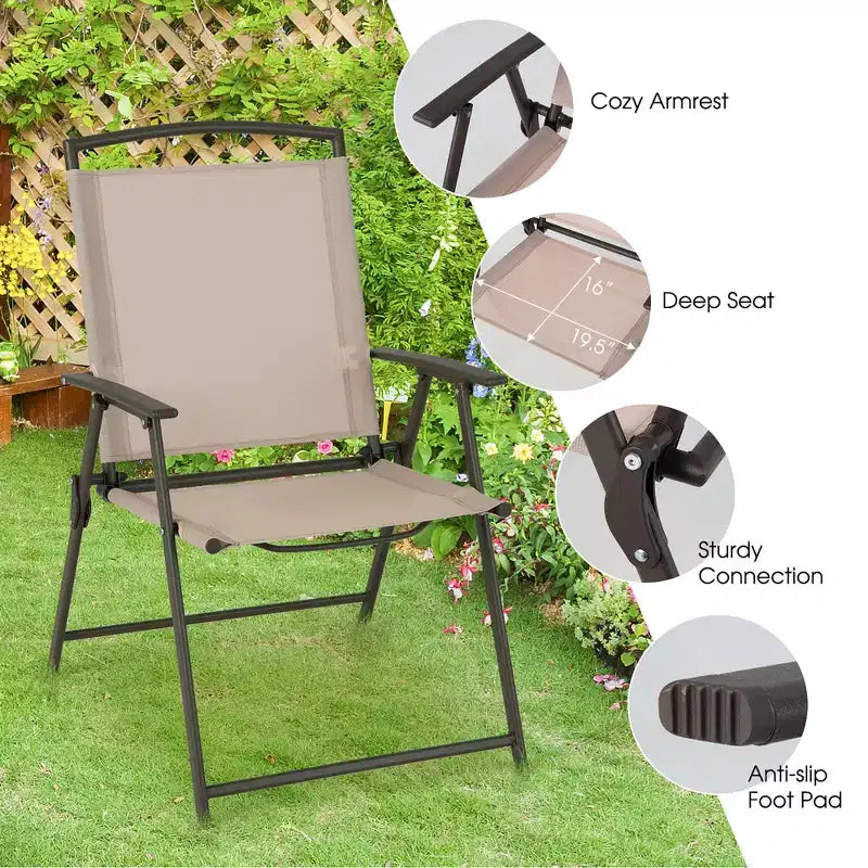 Costway Sedie da Pranzo Pieghevoli da Esterno 4 Pezzi con Braccioli in Tessuto Sling e Telaio in Acciaio, Beige/Grigio