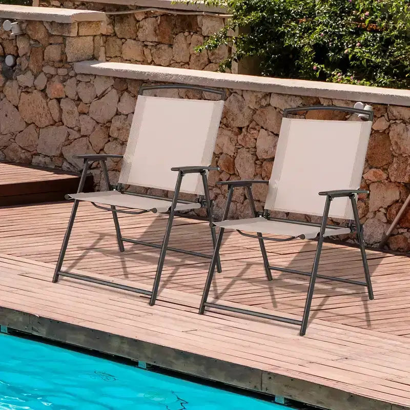 Costway 2 sedie pieghevoli da pranzo per esterni con braccioli, telaio in acciaio, beige/grigio