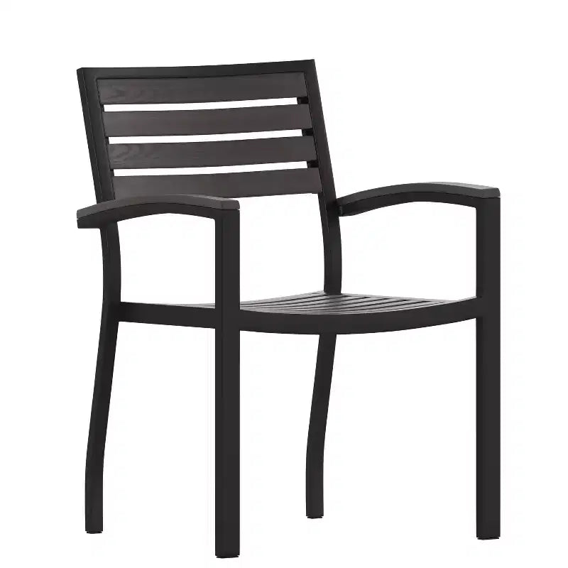 Emma and Oliver Set of 2 Stackable All-Weather Aluminum Patio Chairs with Faux Teak Slats