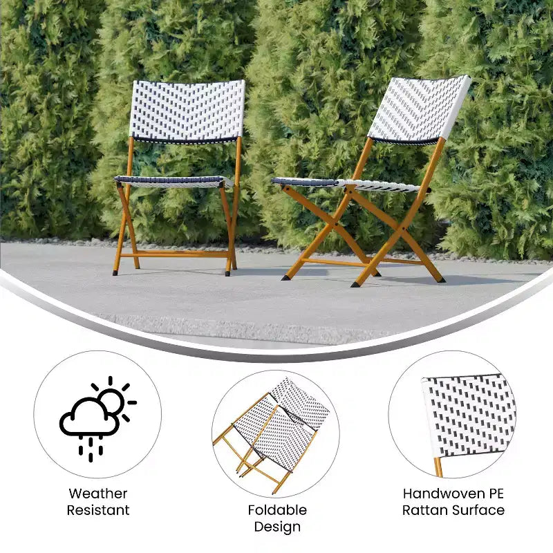 Flash Furniture Rouen, Set di due sedie pieghevoli da bistrò in rattan PE con struttura in metallo per uso interno ed esterno