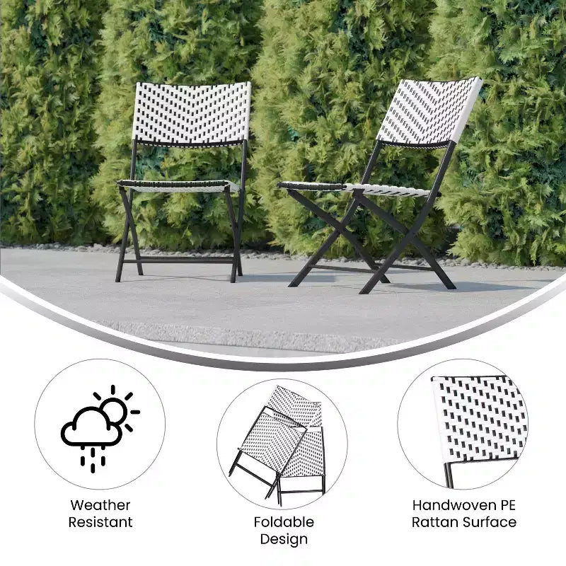 Flash Furniture Rouen, Set di due sedie pieghevoli da bistrò in rattan PE con struttura in metallo per uso interno ed esterno