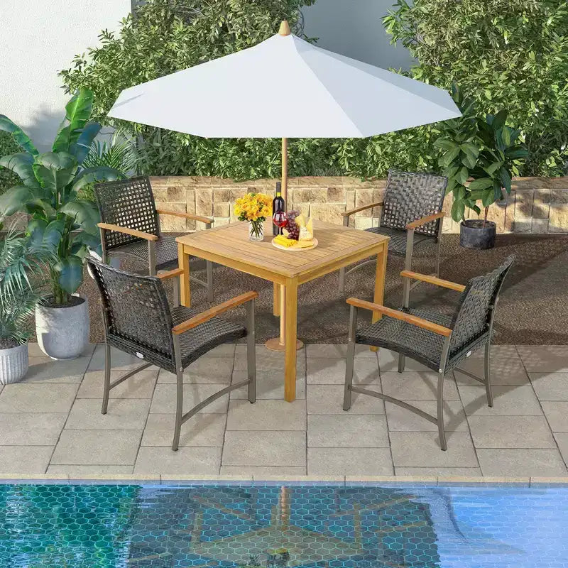Costway Set di 4 Sedie da Pranzo per Patio, Poltrone da Esterno in Rattan con Braccioli in Legno di Acacia
