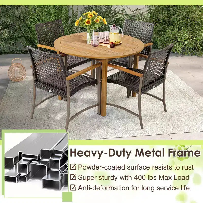 Costway Set di 4 Sedie da Pranzo per Patio, Poltrone da Esterno in Rattan con Braccioli in Legno di Acacia