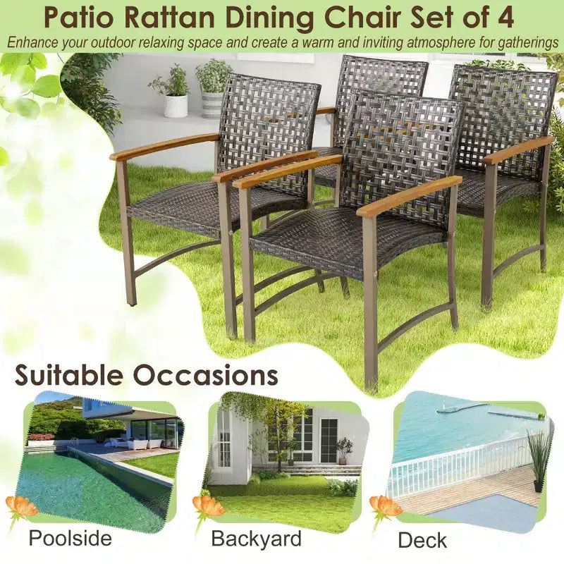 Costway Set di 4 Sedie da Pranzo per Patio, Poltrone da Esterno in Rattan con Braccioli in Legno di Acacia