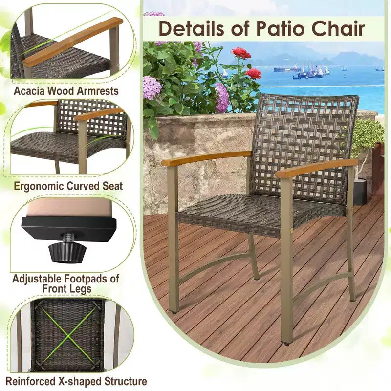 Costway Set di 4 Sedie da Pranzo per Patio, Poltrone da Esterno in Rattan con Braccioli in Legno di Acacia