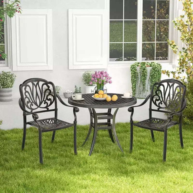 Costway 2 PCS Patio Cast Aluminum Dining Chairs Armrests Outdoor Stackable Brown/White
