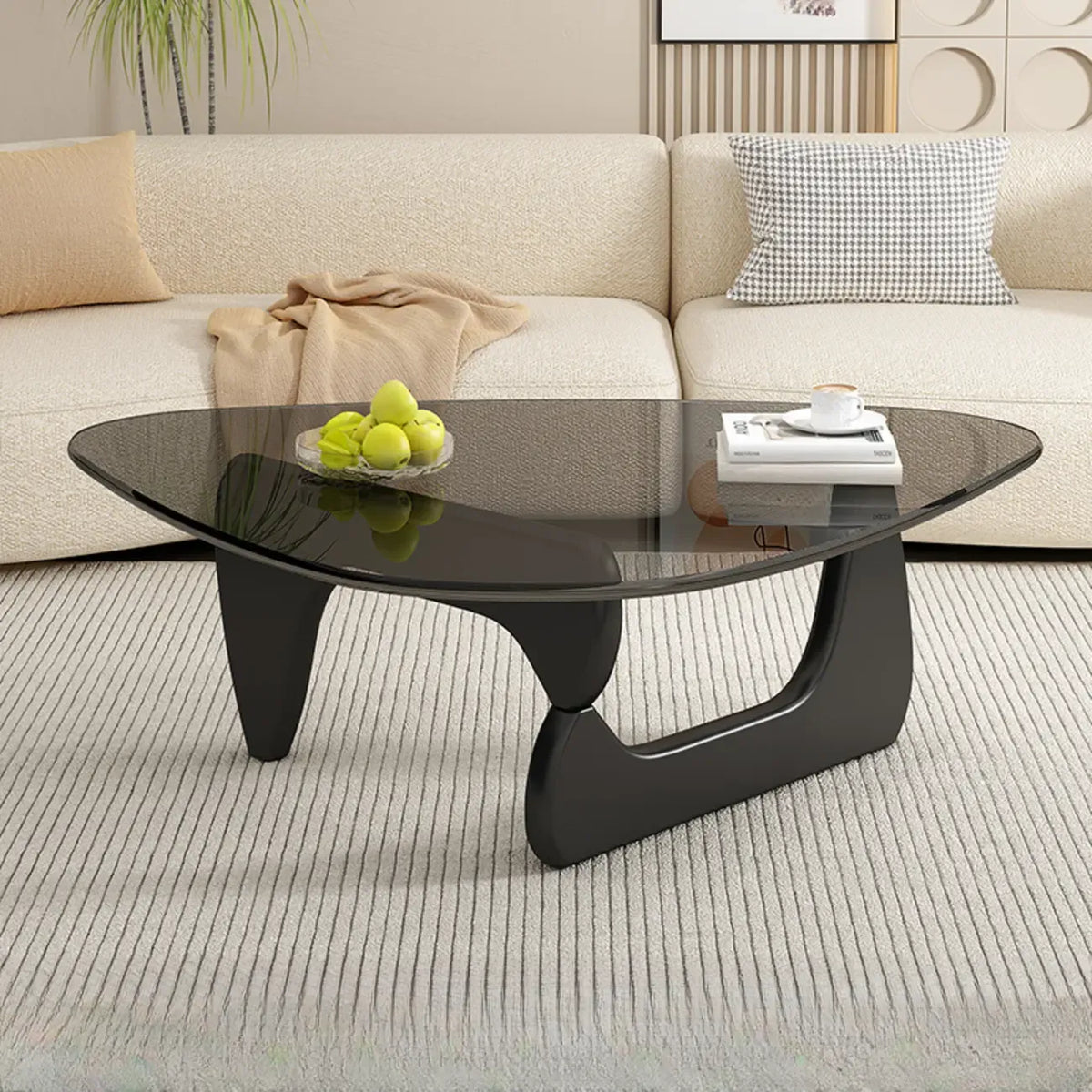 Tavolino da Caffè Triangolare con Piano in Vetro e Base in Legno