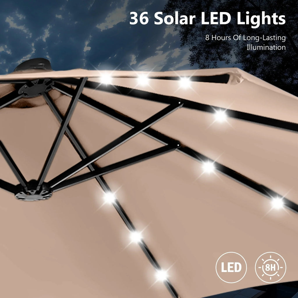 MAISON ARTS Ombrellone rettangolare da esterno a manovella con doppia falda da 4,5 metri, con luci a LED solari e base inclusa