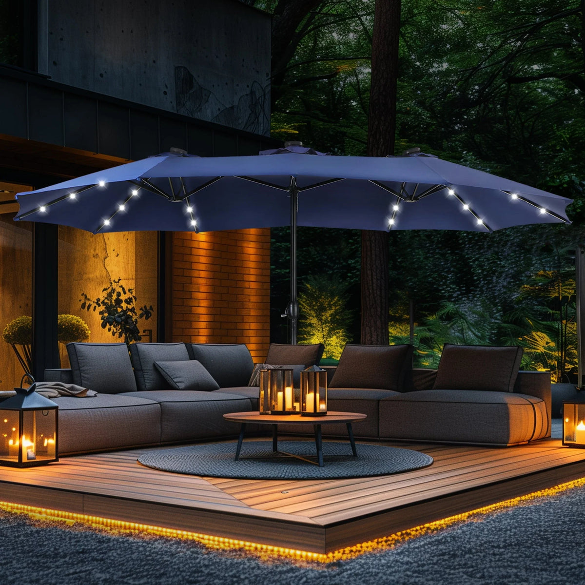 Parasol de marché extérieur rectangulaire de 4,5 m avec manivelle, double face, lumières LED solaires et base incluse