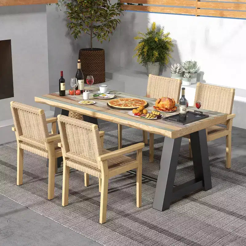 Costway Set di 2/4 Sedie da Giardino in Legno di Gomma, Sedie da Pranzo con Braccioli e Seduta in Corda di Carta Intrecciata per Balcone