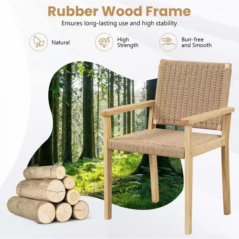 Costway Set di 2/4 Sedie da Giardino in Legno di Gomma, Sedie da Pranzo con Braccioli e Seduta in Corda di Carta Intrecciata per Balcone