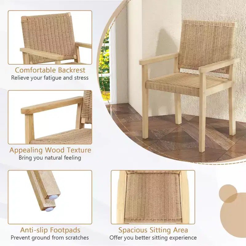 Costway Set di 2/4 Sedie da Giardino in Legno di Gomma, Sedie da Pranzo con Braccioli e Seduta in Corda di Carta Intrecciata per Balcone