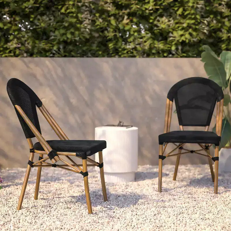 Flash Furniture Marsiglia, set di 2 sedie impilabili da bistrò per interni/esterni, schienale e seduta in Textilene, struttura in alluminio con stampa bamboo