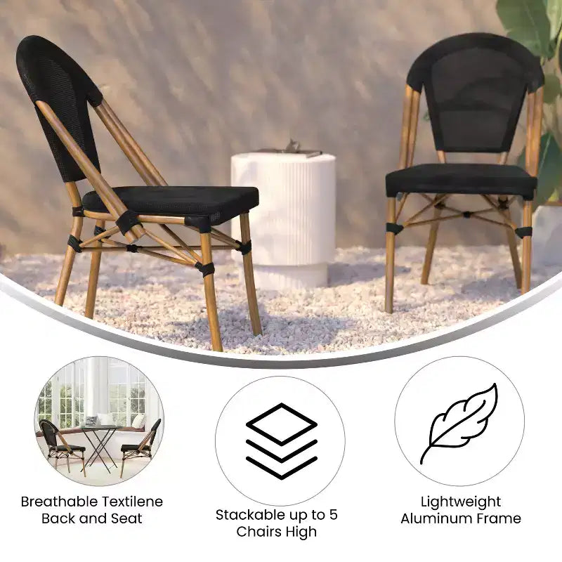 Flash Furniture Marsiglia, set di 2 sedie impilabili da bistrò per interni/esterni, schienale e seduta in Textilene, struttura in alluminio con stampa bamboo