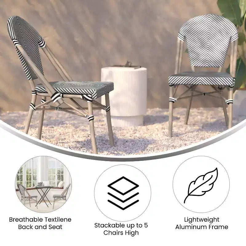 Flash Furniture Marsiglia, set di 2 sedie impilabili da bistrò per interni/esterni, schienale e seduta in Textilene, struttura in alluminio con stampa bamboo