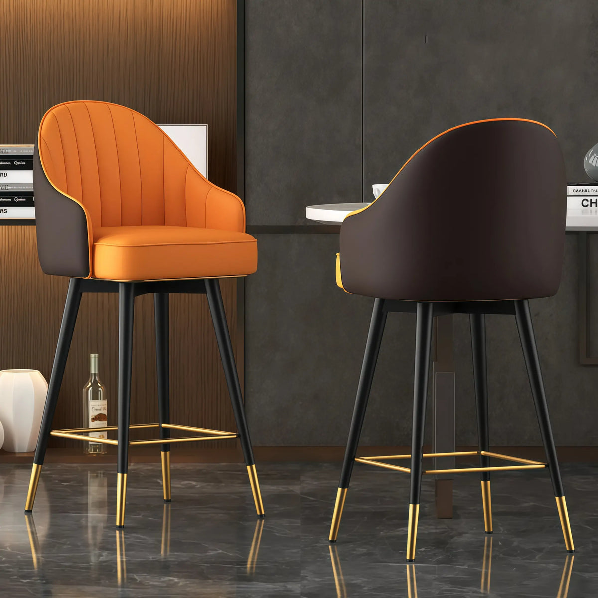 Tabouret de bar Art Déco pivotant en cuir avec dossier et assise rembourrés