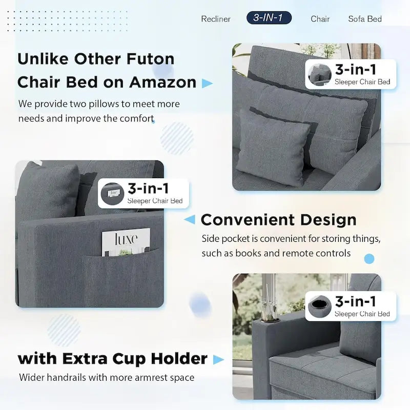 Poltrona letto trasformabile, 3 in 1, vari colori, per 1 persona