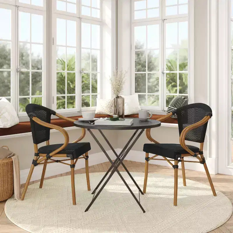 Flash Furniture Sedia impilabile da bistrò commerciale per interni/esterni Marseille 2 pz con braccioli, Textilene e telaio in alluminio con stampa bambù