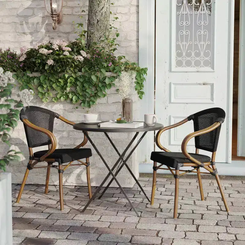 Flash Furniture Sedia impilabile da bistrò commerciale per interni/esterni Marseille 2 pz con braccioli, Textilene e telaio in alluminio con stampa bambù