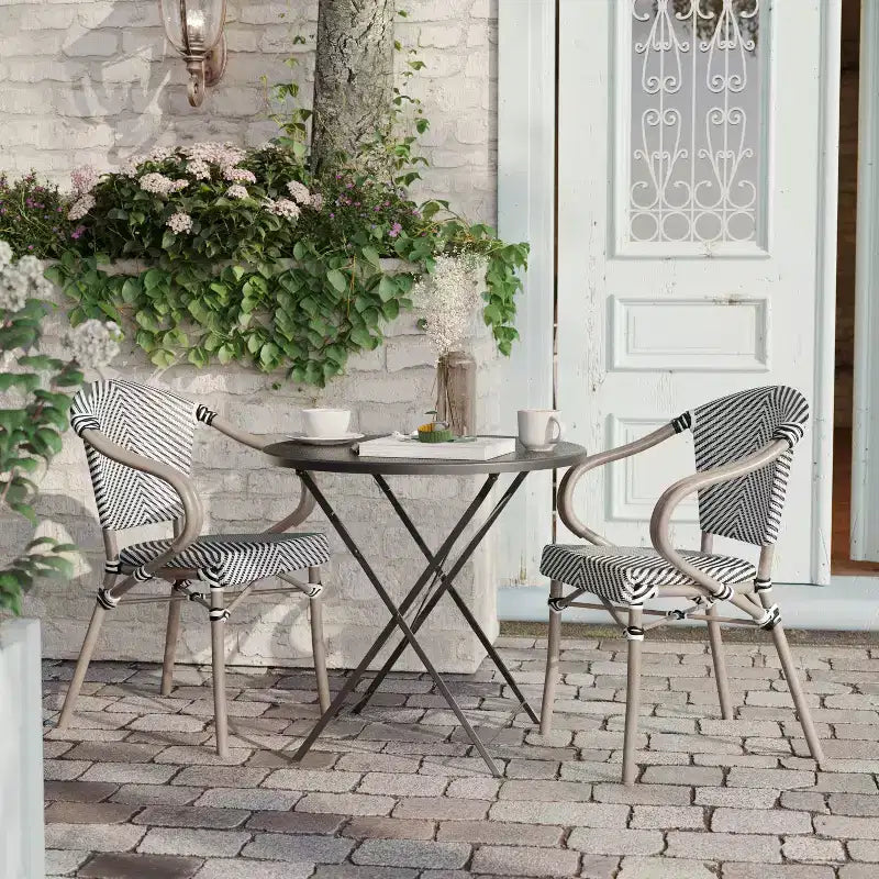Flash Furniture Sedia impilabile da bistrò commerciale per interni/esterni Marseille 2 pz con braccioli, Textilene e telaio in alluminio con stampa bambù
