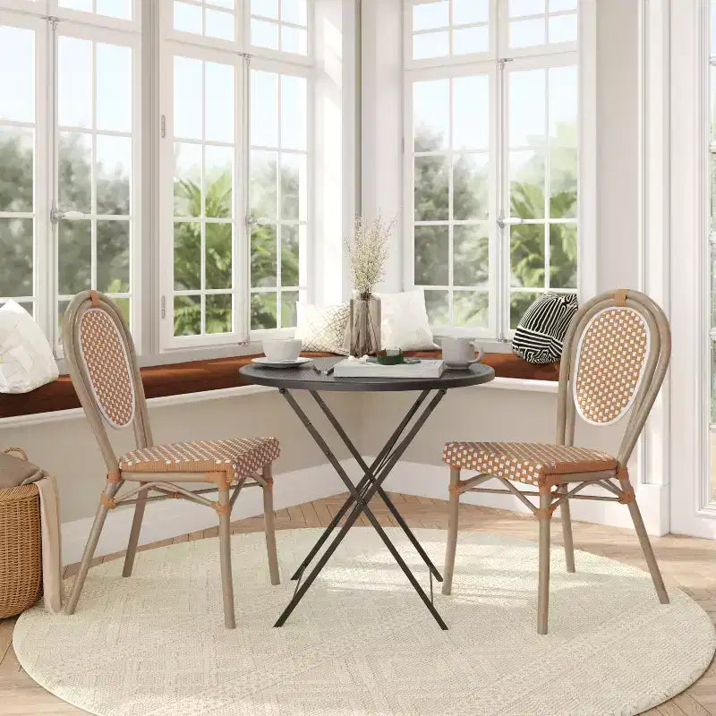 Flash Furniture, Confezione da 2 sedie impilabili Lourdes Thonet da bistrò, da interno/esterno, in rattan PE e telaio in alluminio