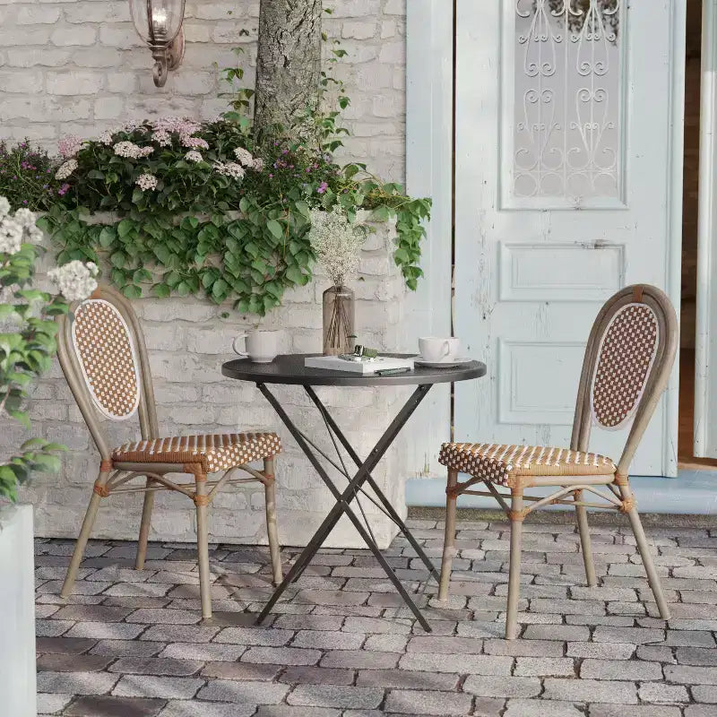 Flash Furniture, Confezione da 2 sedie impilabili Lourdes Thonet da bistrò, da interno/esterno, in rattan PE e telaio in alluminio