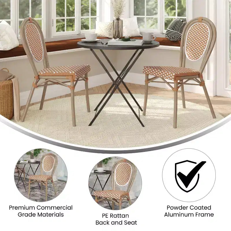 Flash Furniture, Confezione da 2 sedie impilabili Lourdes Thonet da bistrò, da interno/esterno, in rattan PE e telaio in alluminio
