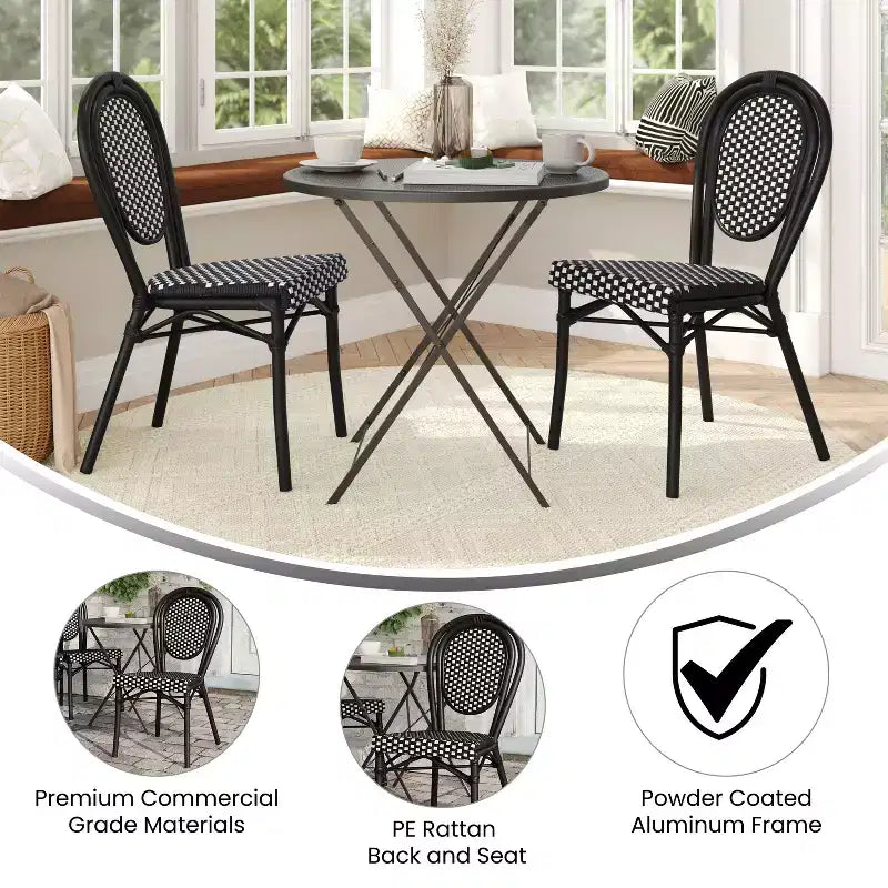 Flash Furniture, Confezione da 2 sedie impilabili Lourdes Thonet da bistrò, da interno/esterno, in rattan PE e telaio in alluminio