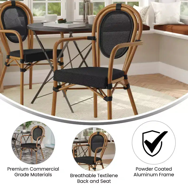 Sedia impilabile da bistrò Flash Furniture Marseille Thonet commerciale per interni/esterni con braccioli, textilene e telaio in alluminio con stampa bambù